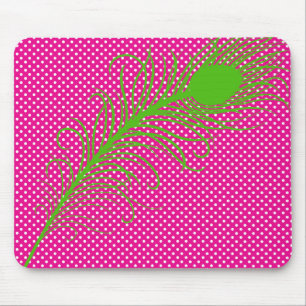 Peacock feather and Polka Dots - Pink & Lime Green Mouse Mat