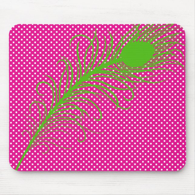 Peacock feather and Polka Dots - Pink & Lime Green Mouse Mat (Front)