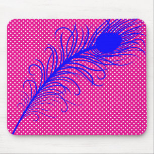 Peacock feather and Polka Dots - Pink & Royal Blue Mouse Mat