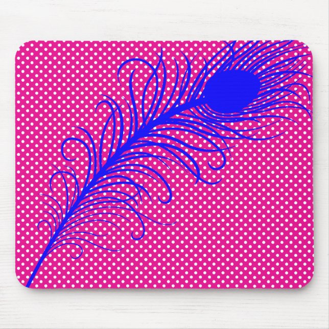 Peacock feather and Polka Dots - Pink & Royal Blue Mouse Mat (Front)