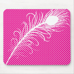 Peacock feather and Polka Dots - Pink & White Mouse Mat
