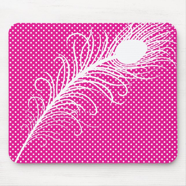 Peacock feather and Polka Dots - Pink & White Mouse Mat (Front)