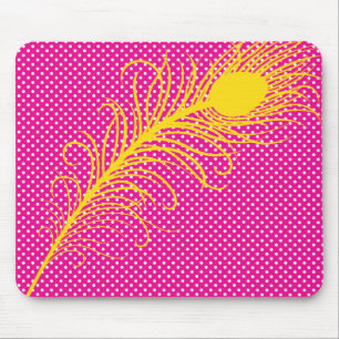 Peacock feather and Polka Dots - Pink & Yellow Mouse Mat