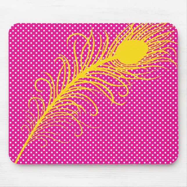 Peacock feather and Polka Dots - Pink & Yellow Mouse Mat (Front)
