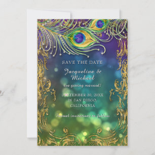Peacock Feather Antique Vintage Gold Scroll Bokeh Save The Date