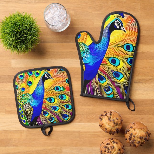 Peacock Feather Art Oven Mitt & Pot Holder Set (Top Down)