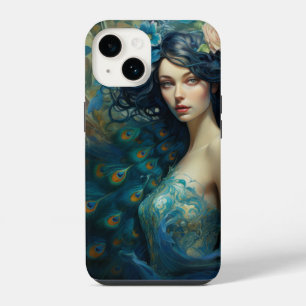 Peacock Feather Beauty: Woman in Teal and Blue iPhone 14 Case