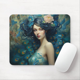 Peacock Feather Beauty: Woman in Teal and Blue  Mouse Mat