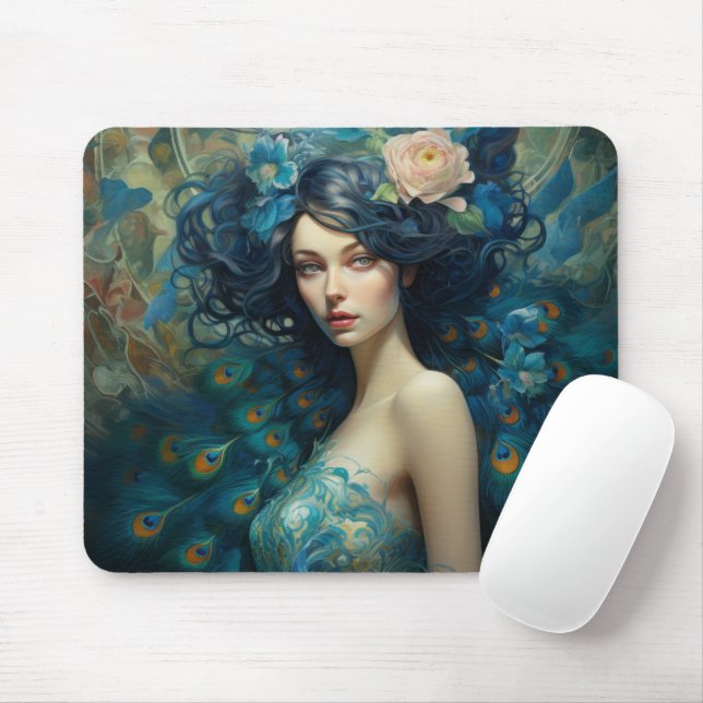 Peacock Feather Beauty: Woman in Teal and Blue  Mouse Mat (With Mouse)