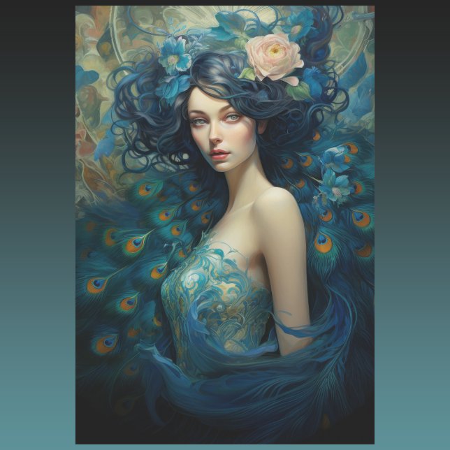 Peacock Feather Beauty: Woman in Teal and Blue  Wrapping Paper Sheet (Creator Uploaded)