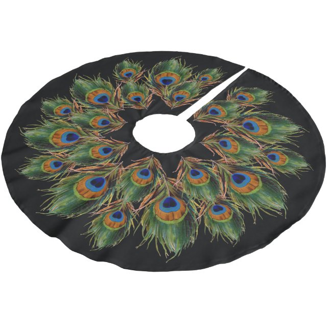 Peacock Feather Black Brushed Polyester Tree Skirt (Angled)