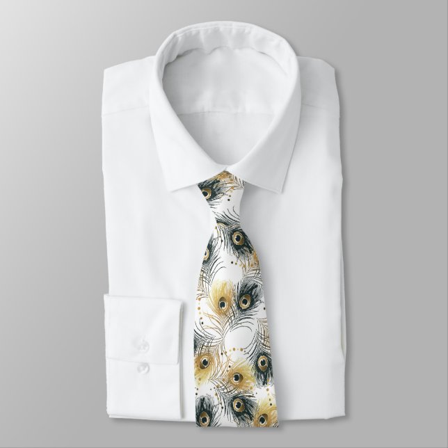  Peacock Feather Black White Gold Mens Necktie (Tied)