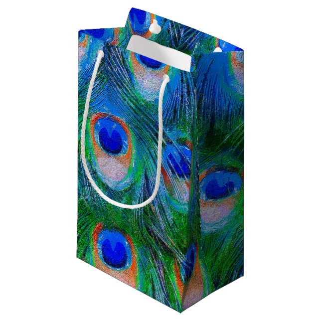 Peacock Feather Blue Small Gift Bag (Front Angled)
