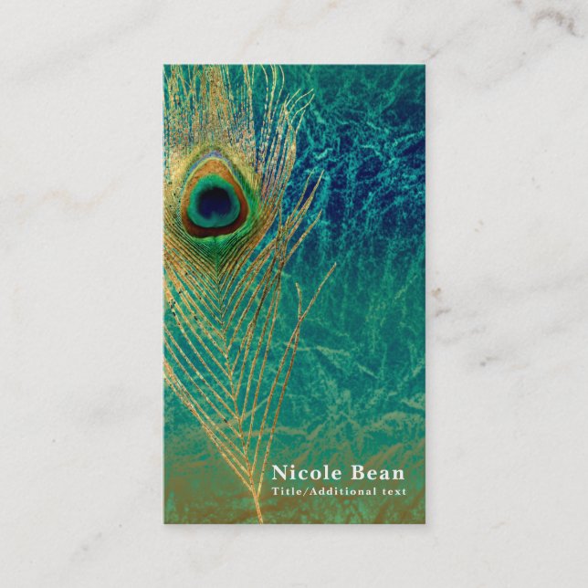 Peacock Feather Blue Teal Gold Boho Chic Glam Business Card (Front)