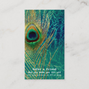 Peacock Feather Blue Teal Gold Boho Refer a Friend Referral Card