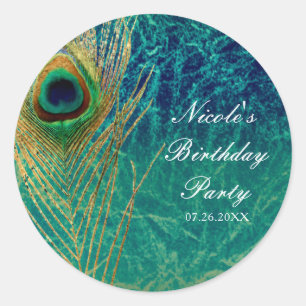 Peacock Feather Blue Teal Gold Exotic Custom Favou Classic Round Sticker