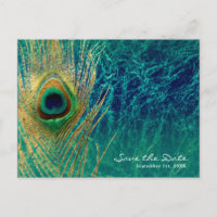 Peacock Feather Blue Teal Gold Glam Save the Date
