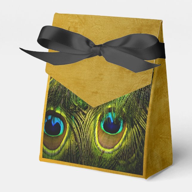 Peacock Feather Brushed Gold Favour Box (Front Side)