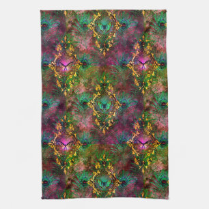 Peacock feather butterfly baroque purple gold tea towel