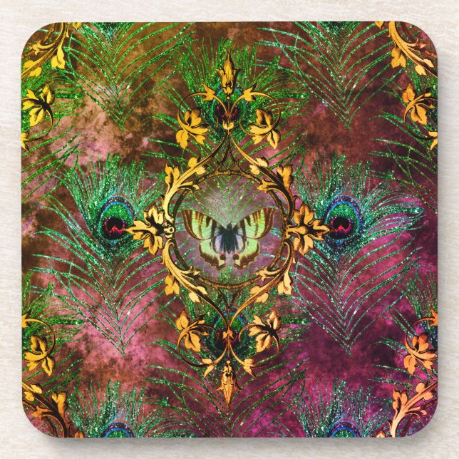 Peacock feather butterfly victorian elegant jewel  coaster (Front)
