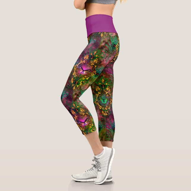 Peacock feather butterfly victorian elegant purple capri leggings (Left)