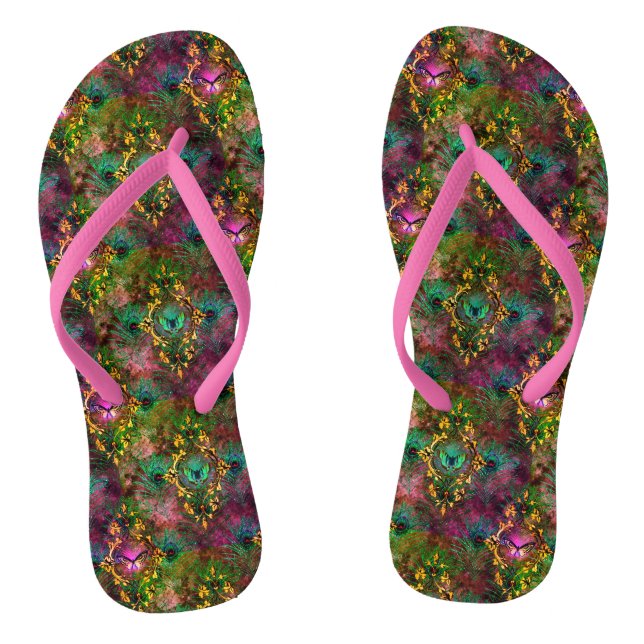 Peacock feather butterfly victorian elegant purple flip flops (Footbed)