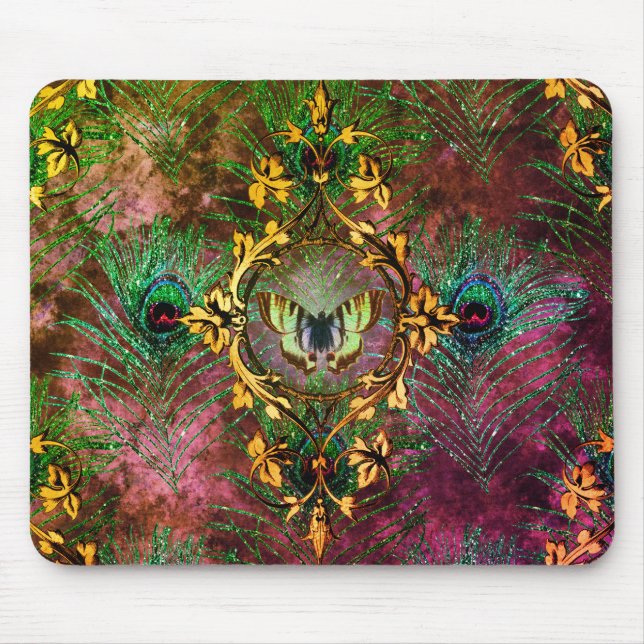 Peacock feather butterfly victorian elegant purple mouse mat (Front)