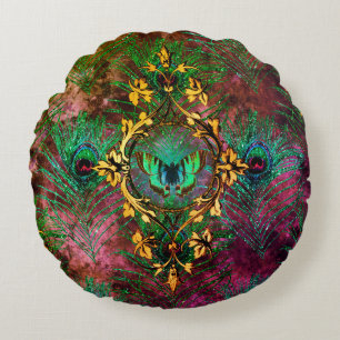 Peacock feather butterfly victorian elegant purple round cushion