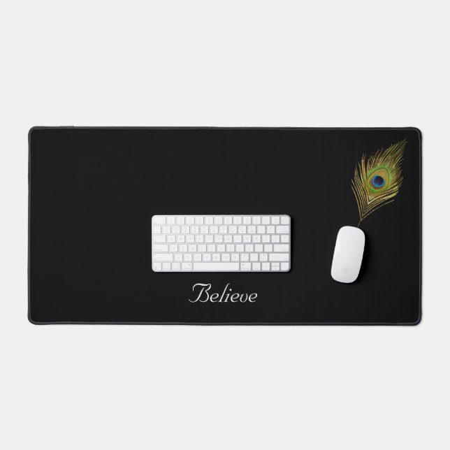 Peacock Feather & Calligraphy on Black Desk Mat (Keyboard & Mouse)