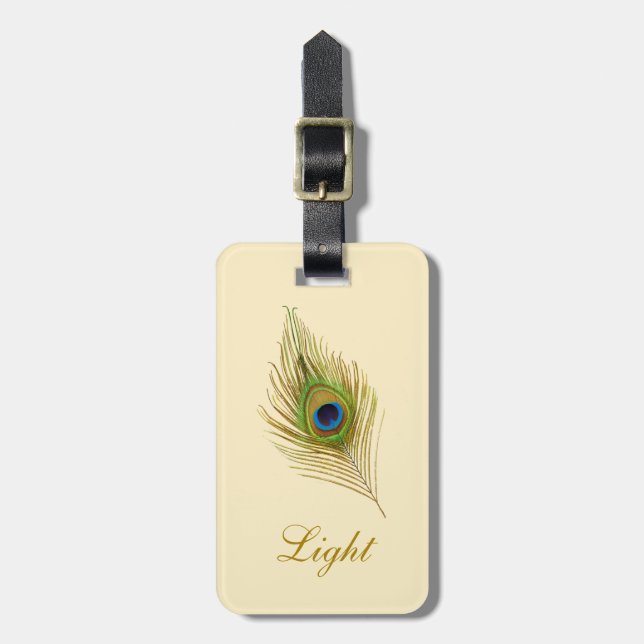 Peacock feather & calligraphy on Ivory Luggage Tag (Front Vertical)