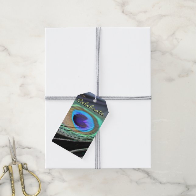 Peacock Feather Celebrate Custom Gift Tags (With Twine)