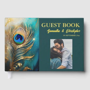 Peacock feather couples photo wedding DIY elegant Guest Book