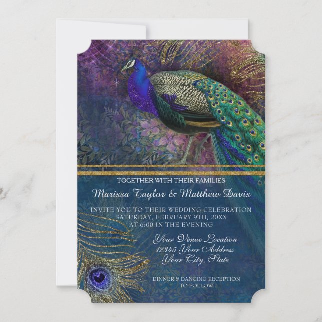 Peacock Feather Elegant Gold Winter Wedding  Invit Invitation (Front)