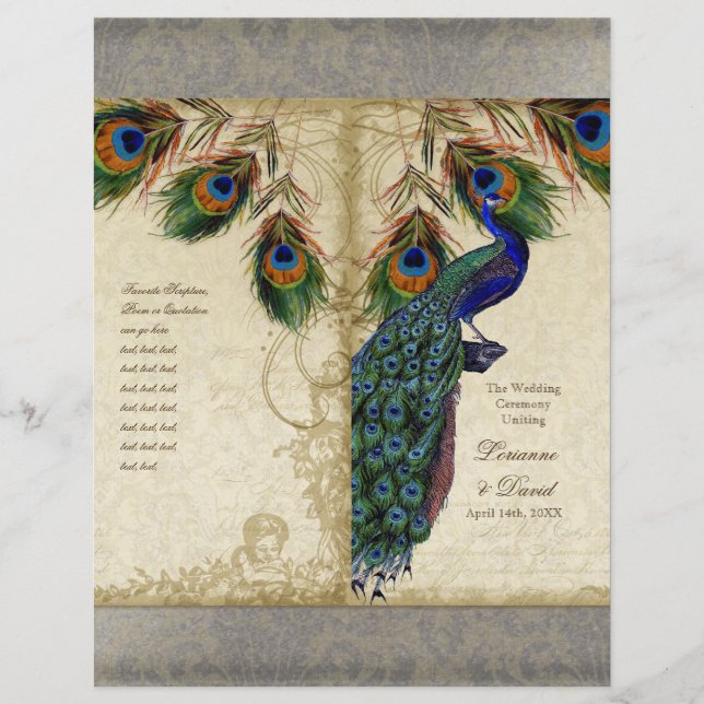 Peacock & Feather Elegant Matching Wedding Program (Front)