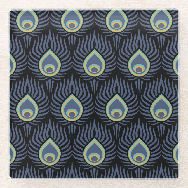 Peacock Feather: Elegant Pattern. Glass Coaster (Front)