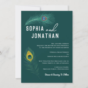 Peacock Feather Emerald Green Wedding Modern Chic Invitation