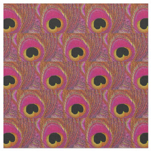 Peacock Feather Fabric - Pink Yellow Orange Black
