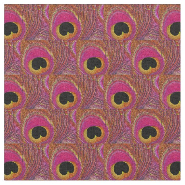 Peacock Feather Fabric - Pink Yellow Orange Black (Close Up)