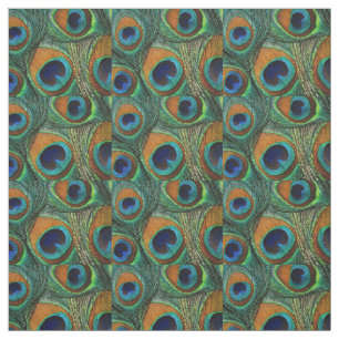Peacock Feather Fabric - Tan, Aqua, Blue, Green