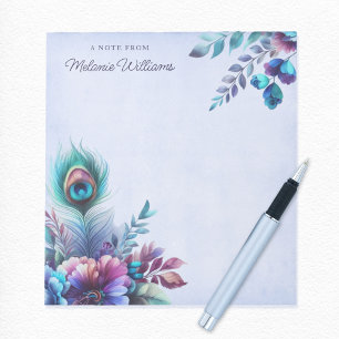 Peacock Feather Floral Watercolor Personalised Notepad