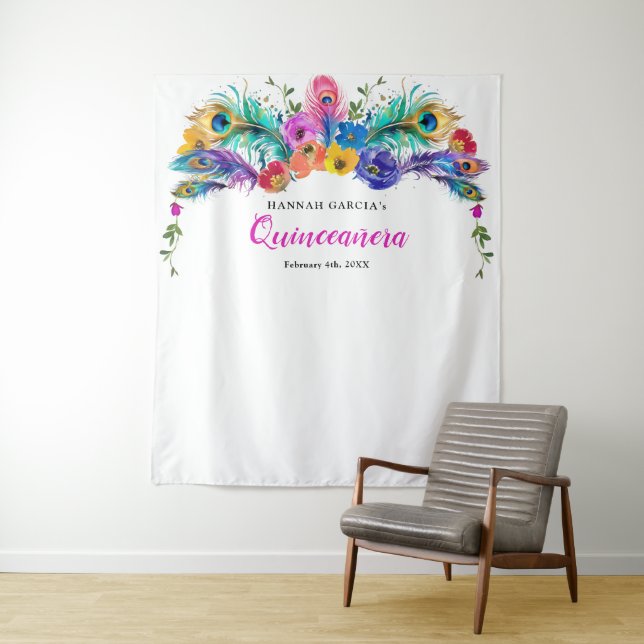 Peacock Feather Flowers Quinceañera Photo Backdrop Tapestry (In Situ)