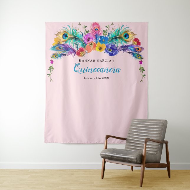 Peacock Feather Flowers Quinceañera Photo Backdrop Tapestry (In Situ)