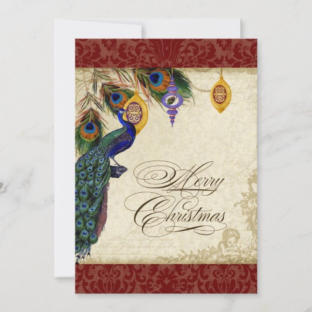Peacock & Feather Formal Christmas Ornament Card (Front)