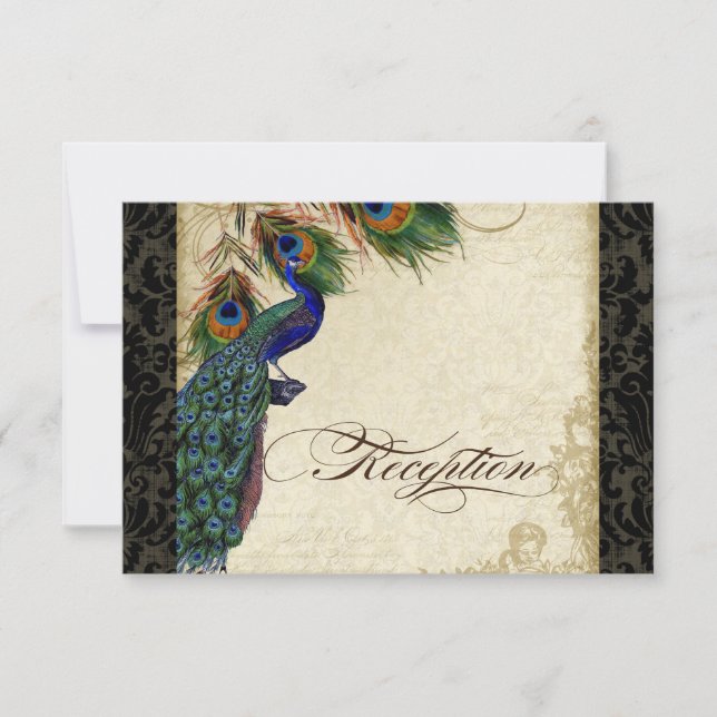 Peacock & Feather Formal Reception Invite Black (Front)