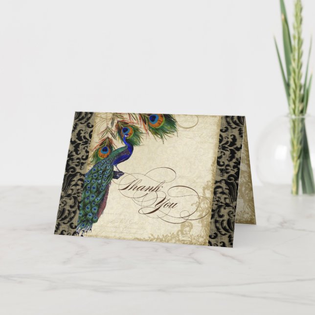 Peacock & Feather Formal Thank You Note Black Tan Card (Front)
