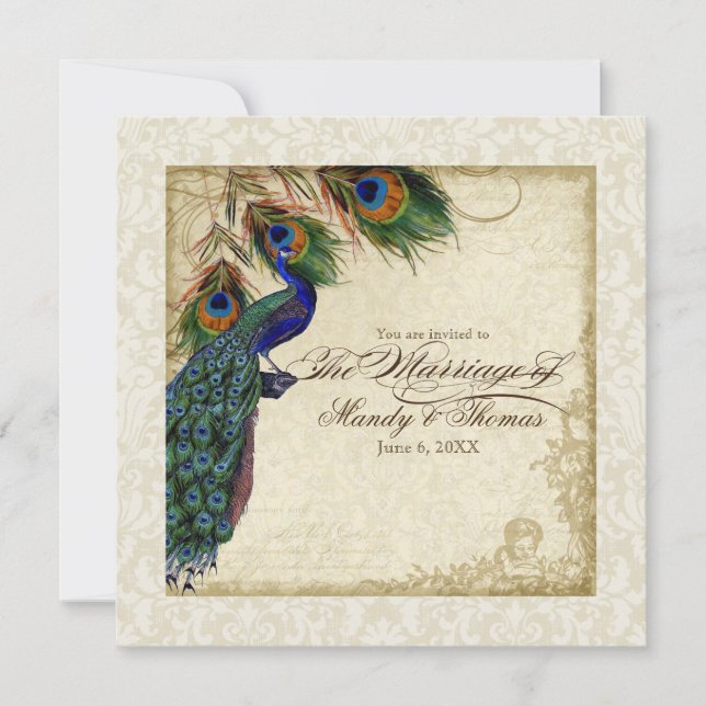 Peacock & Feather Formal Wedding Invite Cream Tan (Front)