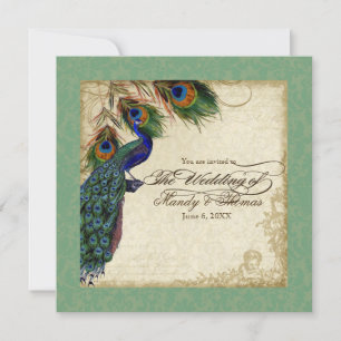 Peacock & Feather Formal Wedding Invite Green
