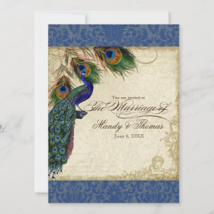 Peacock & Feather Formal Wedding Invite Navy Blue