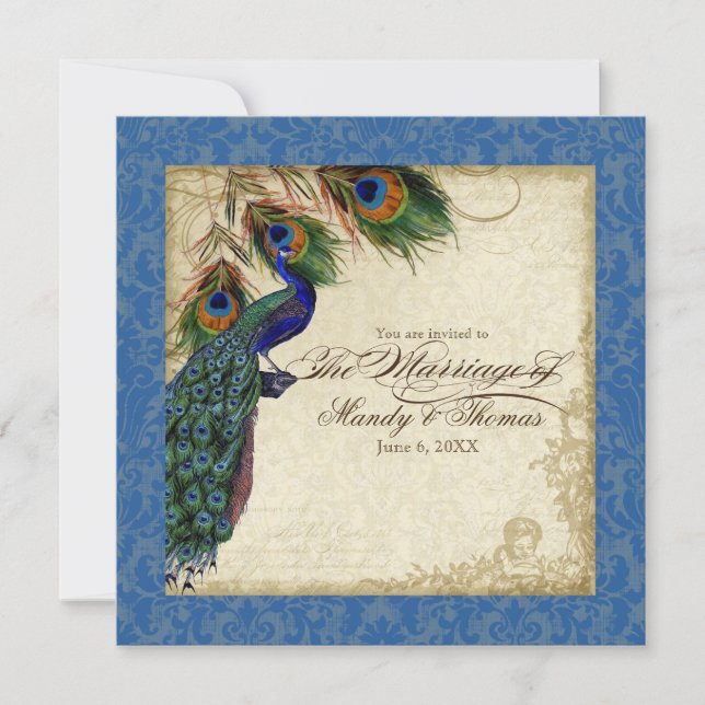Peacock & Feather Formal Wedding Invite Royal Blue (Front)