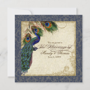 Peacock & Feather Formal Wedding Invite Royal Blue